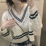 V-Ausschnitt Cropped Pullover für Frauen gestrickter Stil im japanischen