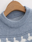 Weicher Retro-Mädchen-Pullover mit Druck von blauer Kuh, Ente und Baum