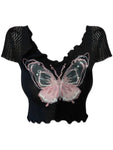 Y2K Bauchfreies schwarzes T-Shirt mit Schmetterlingsdruck