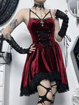 Gothic Samt Kleid mit SpitzenSpaghettiträgern und Schnürung