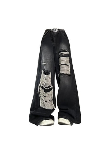 Frauen Gothic Schwarze Jeans Hohe Taille Vintage Koreanische Mode