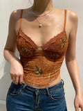 Fairy-Grunge Blumenprint Camisole in Ästhetik Braun mit Mesh und Spitze