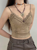 Fairy-Grunge Spitzen-Crop-Top in Khaki mit Spaghettiträger