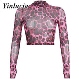 Rosa Leopard Bauchfreies Mesh-Oberteil im Soft-Girl-Stil