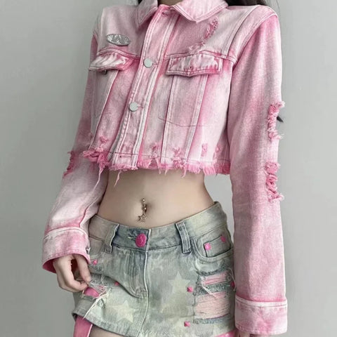 Rosa Jeansjacke Tie-dye im Ausgeschnitten-Stil für Soft-Girl