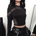 Gothic Schwarzes Crop Top mit durchsichtigen Mesh-Einsätzen und vollem Ärmel