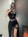 Gothic Two-Piece Outfit mit Mesh Cut-out Korsett Top und Skirt Set