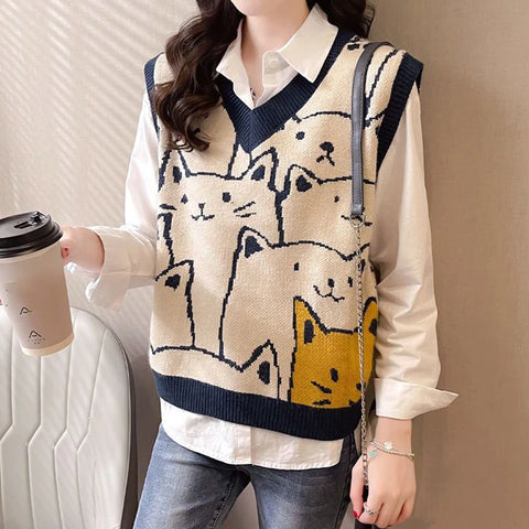 **Koreanischer Katzenprint Pullover-Weste – süßer, ärmelloser V-Ausschnitt für dein alternativen Look!**