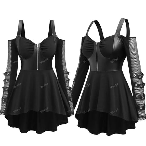 Schwarze Gothic Kleid mit Reißverschluss und Netzärmel