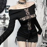 Cyber Goth Oberteil mit Spitzen Patchwork und Kreuzmotiv