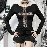 Cyber Goth Oberteil mit Spitzen Patchwork und Kreuzmotiv