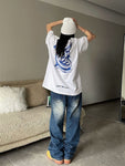 Weißer Y2K übergroßes T-Shirt mit blauer Druckgrafik
