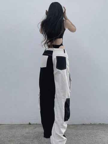 Damen Baggy-Hose mit hohem Bund und Patchwork im Y2K-Stil