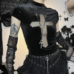 Elegantes Gothic T-Shirt mit Kreuz und Netz-Details