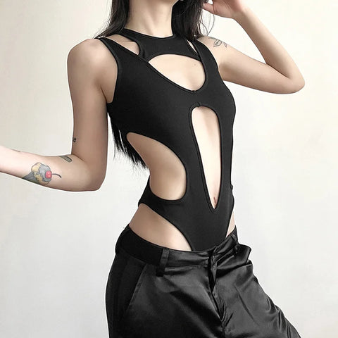 Sexy Gothic Hollow Out Bodysuit für Frauen Backless High Cut Techwear