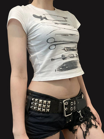 Dunkel gedrucktes Cropped T-Shirt im Gothic-Stil Casual Slim Fit mit Sommerlichkeit