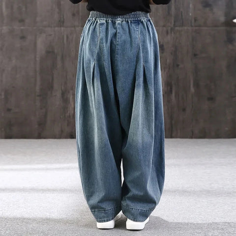 Indie-Style Oversize Jeans mit weitem Bein und asiatischem Flair