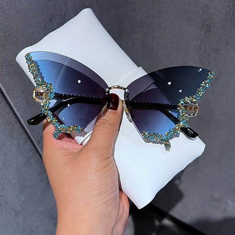 Y2K-Stil Sonnenbrille Flügelform Blauglas mit Strass geschmückt
