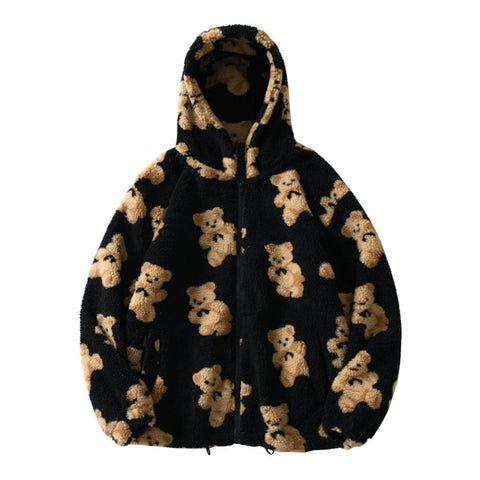 Egirl Kapuzenjacke mit Bären-Print aus Fleece