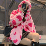 Rosa e-girl Fleecejacke mit großer Kapuze und aufgedrucktem Plüschherz
