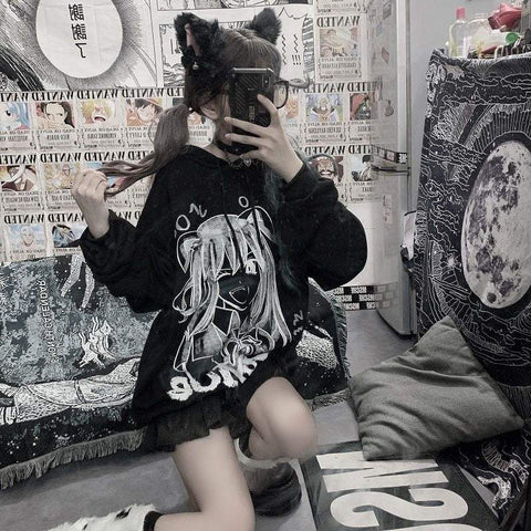 Pullover e-girl Zeichnung Frau Manga schwarz rosa und weiß