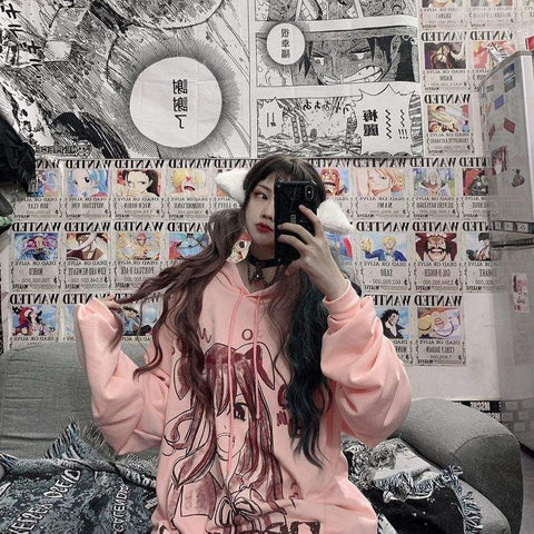 Pullover e-girl Zeichnung Frau Manga schwarz rosa und weiß