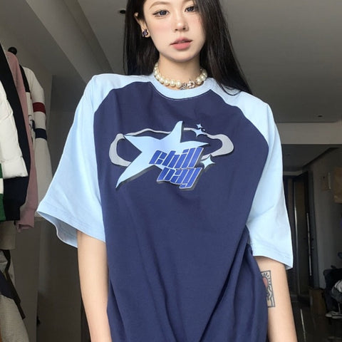 T-Shirt Y2K blau bedruckt mit blauer Himmelsstern