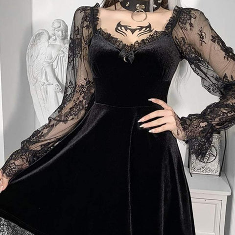 Grunge-Kleid für Frauen schwarz transparenter Ärmel