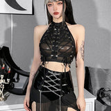 Crop Top e-girl aus schwarzem, transparentem Mesh für Frauen