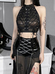 Crop Top e-girl aus schwarzem, transparentem Mesh für Frauen