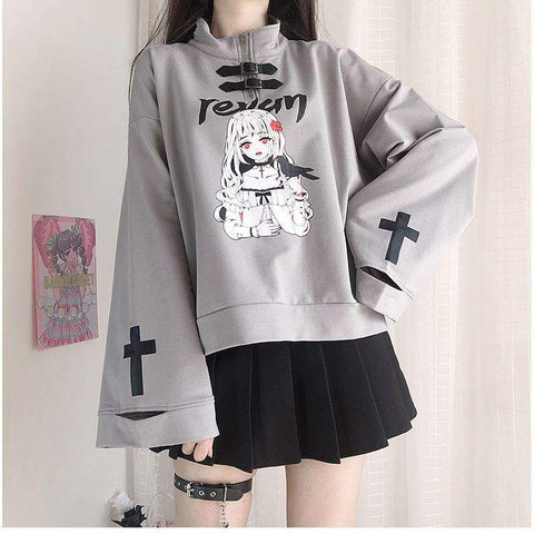 Pullover e-girl turtleneck grau anime drucken