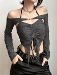 Crop Top Gothic sexy schwarz Langarm