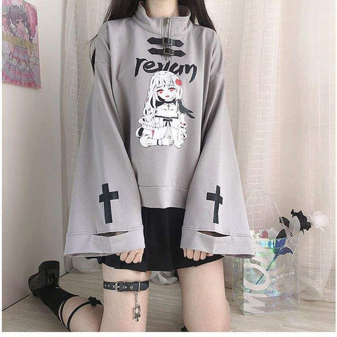 Pullover e-girl turtleneck grau anime drucken