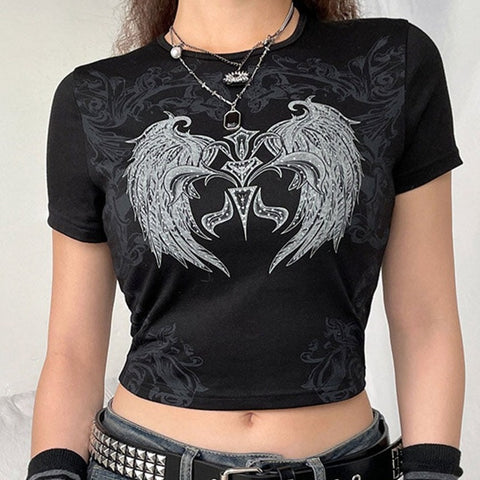 Crop-Top E-Girl mit grauem Engelsflügel Druck