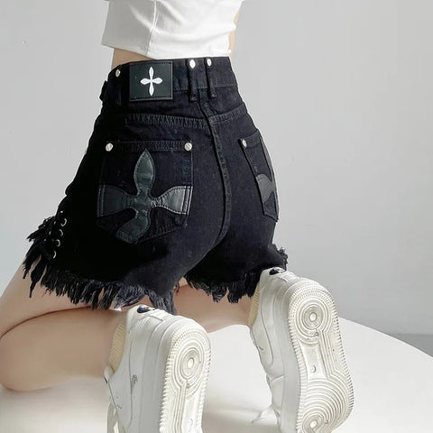 Schwarze Y2k Denim Shorts für Damen High Waist