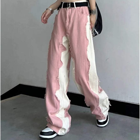 Weite Hose im Soft-Girl-Stil in rosa und weiß
