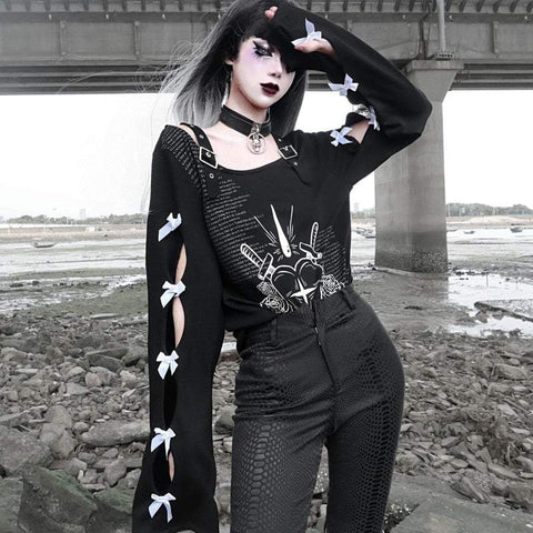 Pullover im E-Girl-Stil schwarz mit Gothic-Muster
