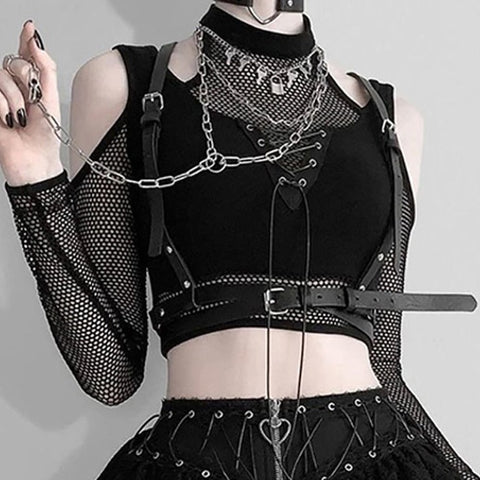 Gothic-Crop-Top mit offenen Schultern aus Netzstoff für Frauen