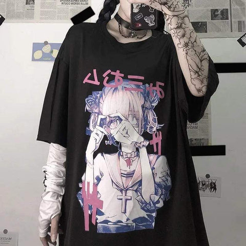 T-Shirt e-girl oversize Schulmädchen Kreuz Gothic-Stil