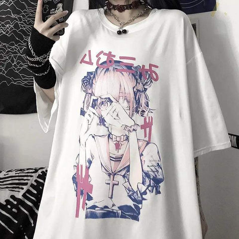 T-Shirt e-girl oversize Schulmädchen Kreuz Gothic-Stil